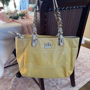 Coach Yellow Leather Shoulder Tote with Chain-Strap Details